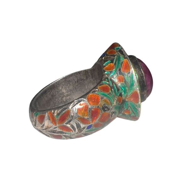 Antique Large Cabochon Ruby & Gripoix Glass Floral Band Goddess Statement Ring - Picture 6 of 16